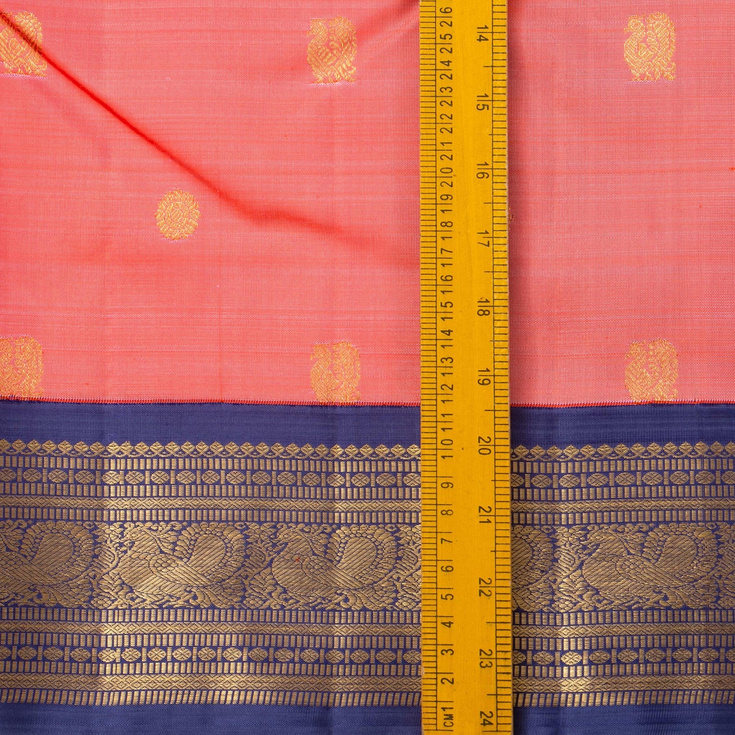 Peach And Blue Kanchipuram Silk Saree With Medium Border Handwoven Pure Silk For Festive Wear PV NYC 1184 - Silk Sari - Panjavarnam PV NYC 1184