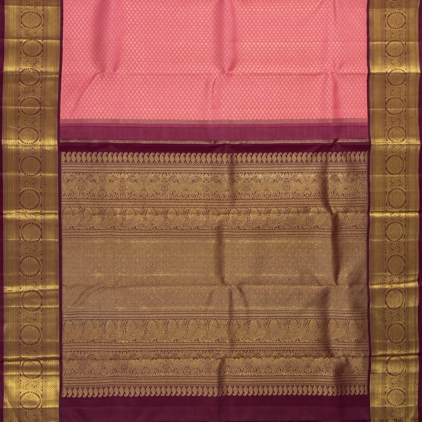 Peach And Maroon Kanchipuram Silk Saree With Medium Border Handwoven Pure Silk For Wedding Wear PV NYC 1143 - Silk Sari - Panjavarnam PV NYC 1143