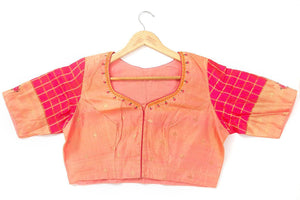 Peach And Pink Silkcotton Readymade Blouse PV BL 153 - Blouse - Panjavarnam PV BL 153