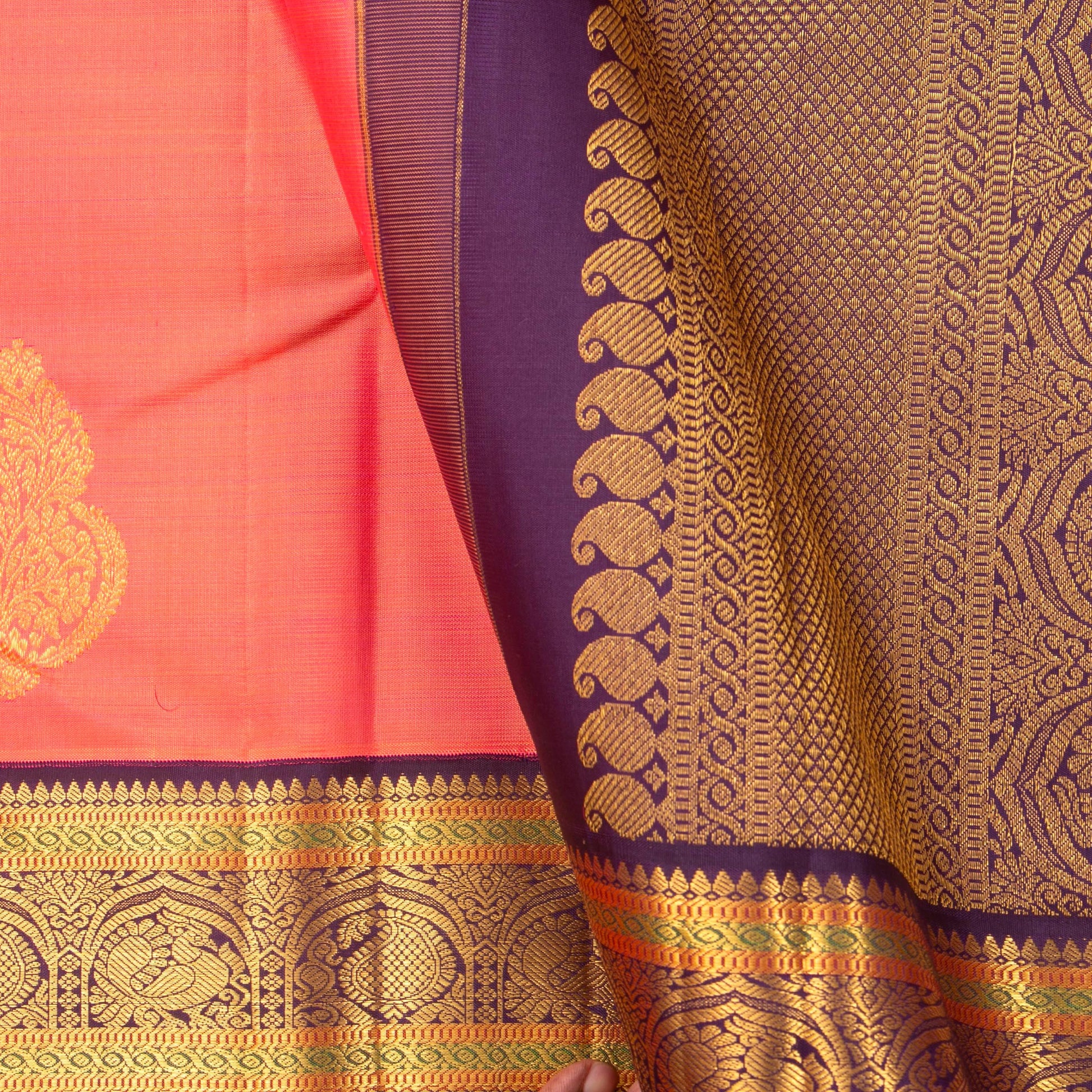 Peach And Purple Kanchipuram Silk Saree For Bridal Wear PV NYC 1261 - Silk Sari - Panjavarnam PV NYC 1261
