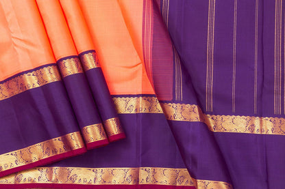 Peach And Violet Kanchipuram Silk Saree With Medium Border Handwoven Pure Silk For Festive Wear PV NYC 989 - Silk Sari - Panjavarnam