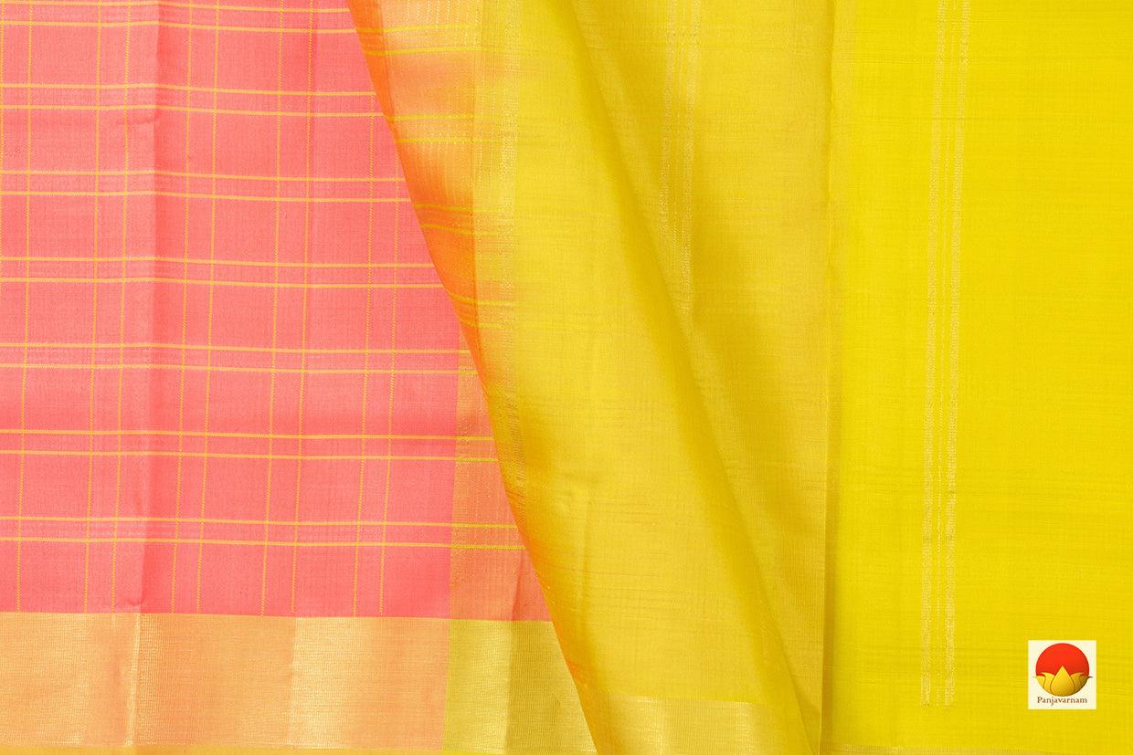 Peach And Yellow Kanchipuram Silk Saree Handwoven Pure Silk Light Weight With Small Border Office Wear PV KNN 165 - Silk Sari - Panjavarnam