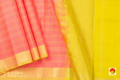 Peach And Yellow Kanchipuram Silk Saree Handwoven Pure Silk Light Weight With Small Border Office Wear PV KNN 165 - Silk Sari - Panjavarnam PV KNN 165