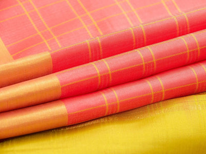 Peach And Yellow Kanchipuram Silk Saree Handwoven Pure Silk Light Weight With Small Border Office Wear PV KNN 165 - Silk Sari - Panjavarnam PV KNN 165