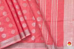 Peach Jamdani Pure Linen Saree With Silver Zari Border Handwoven PL 2014 - Linen Sari - Panjavarnam PL 2014