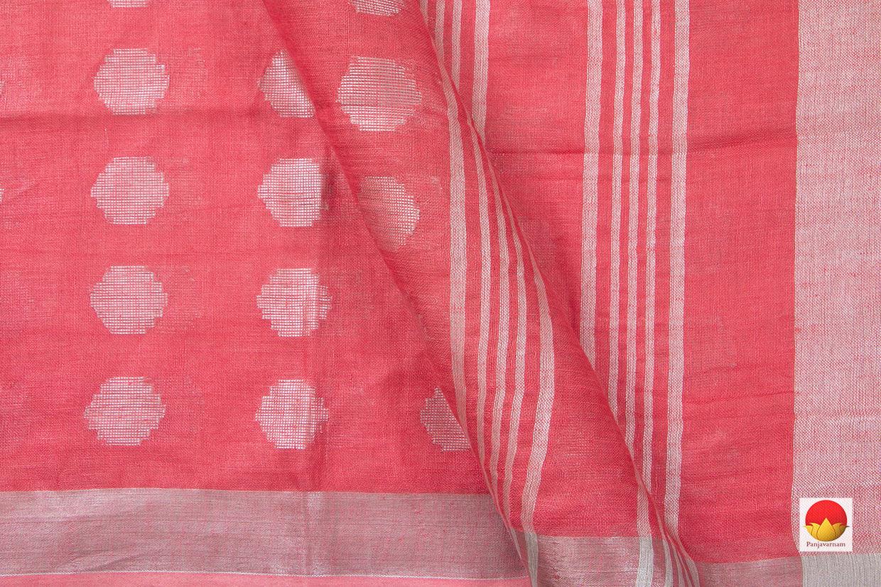 Peach Jamdani Pure Linen Saree With Silver Zari Border Handwoven PL 2014 - Linen Sari - Panjavarnam PL 2014