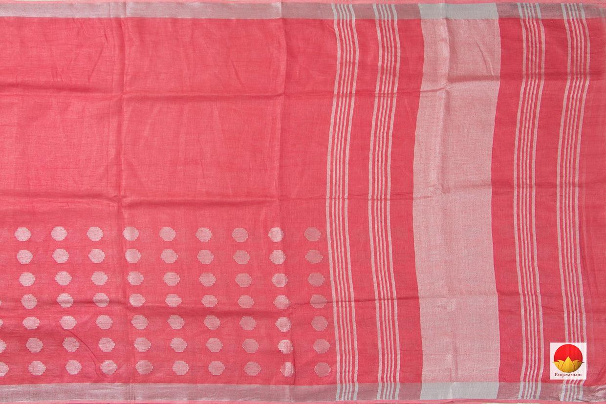 Peach Jamdani Pure Linen Saree With Silver Zari Border Handwoven PL 2014 - Linen Sari - Panjavarnam PL 2014