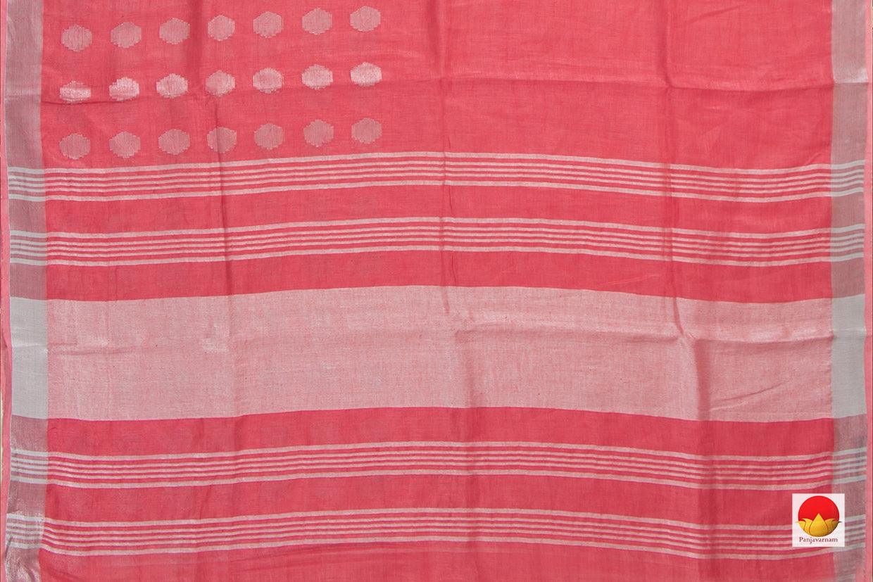 Peach Jamdani Pure Linen Saree With Silver Zari Border Handwoven PL 2014 - Linen Sari - Panjavarnam PL 2014