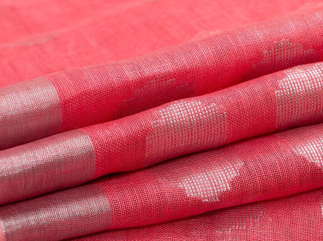 Peach Jamdani Pure Linen Saree With Silver Zari Border Handwoven PL 2014 - Linen Sari - Panjavarnam PL 2014