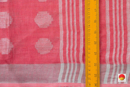 Peach Jamdani Pure Linen Saree With Silver Zari Border Handwoven PL 2014 - Linen Sari - Panjavarnam PL 2014