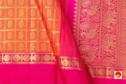 Peach Kanchipuram Silk Saree With Gold Checks And Pink Border Handwoven Pure Silk Pure Zari For Wedding Wear PV NYC 979 - Silk Sari - Panjavarnam