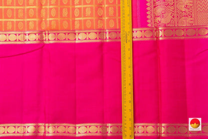 Peach Kanchipuram Silk Saree With Gold Checks And Pink Border Handwoven Pure Silk Pure Zari For Wedding Wear PV NYC 979 - Silk Sari - Panjavarnam