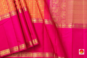 Peach Kanchipuram Silk Saree With Gold Checks And Pink Border Handwoven Pure Silk Pure Zari For Wedding Wear PV NYC 979 - Silk Sari - Panjavarnam PV NYC 979