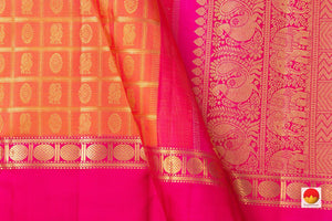 Peach Kanchipuram Silk Saree With Gold Checks And Pink Border Handwoven Pure Silk Pure Zari For Wedding Wear PV NYC 979 - Silk Sari - Panjavarnam PV NYC 979