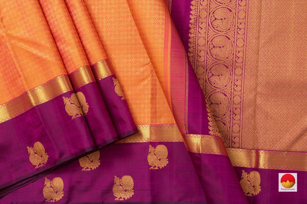 Peach Kanchipuram Silk Saree With Magenta Korvai Border Handwoven Pure Silk Pure Zari For Wedding Wear PV NYC 978 - Silk Sari - Panjavarnam PV NYC 978