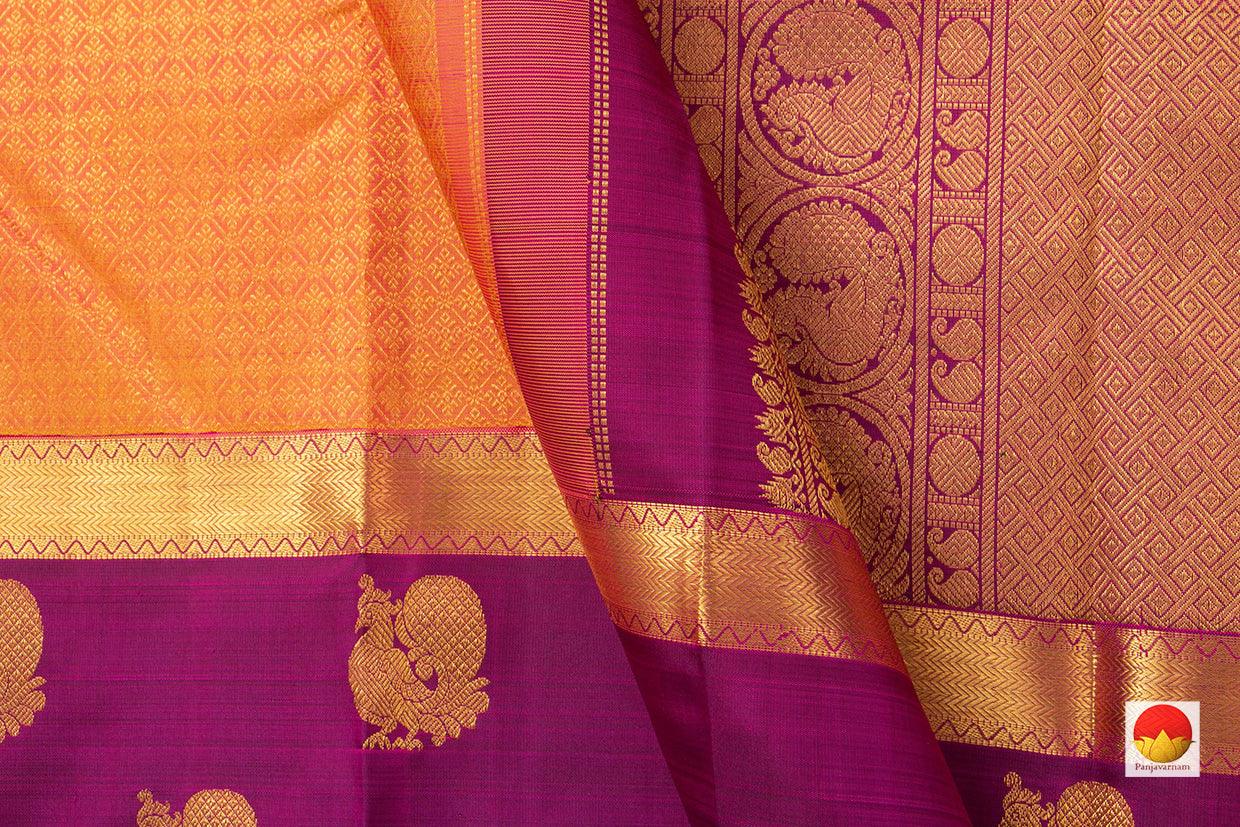 Peach Kanchipuram Silk Saree With Magenta Korvai Border Handwoven Pure Silk Pure Zari For Wedding Wear PV NYC 978 - Silk Sari - Panjavarnam PV NYC 978