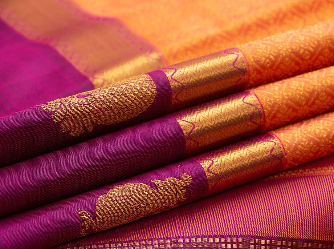 Peach Kanchipuram Silk Saree With Magenta Korvai Border Handwoven Pure Silk Pure Zari For Wedding Wear PV NYC 978 - Silk Sari - Panjavarnam PV NYC 978