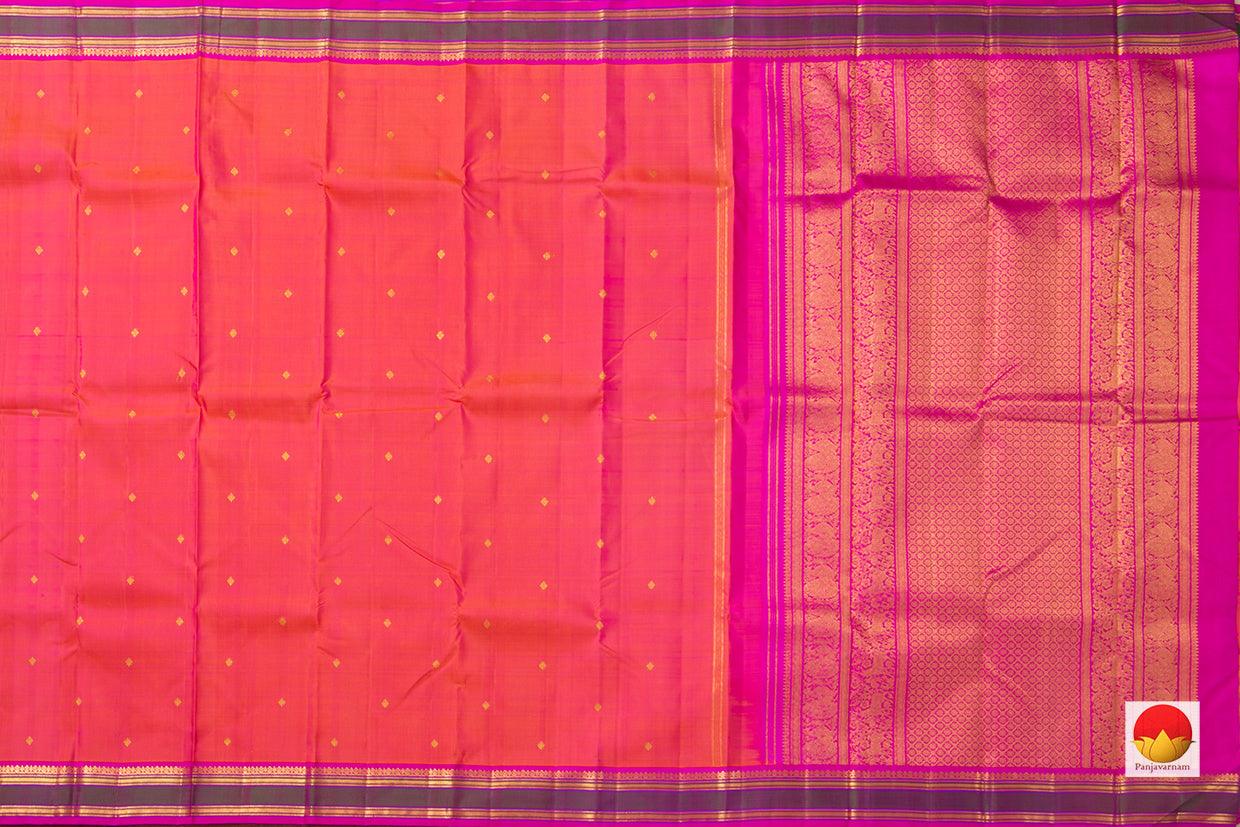 Peach Kanchipuram Silk Saree With Pink Border Handwoven Pure Silk Pure Zari For Wedding Wear PV NYC 969 - Silk Sari - Panjavarnam