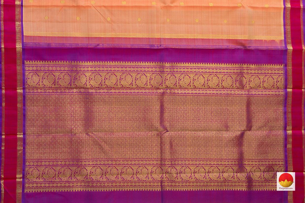 Peach Kanchipuram Silk Saree With Purple Korvai Border Handwoven Pure Silk Pure Zari For Wedding Wear PV NYC 904 - Silk Sari - Panjavarnam
