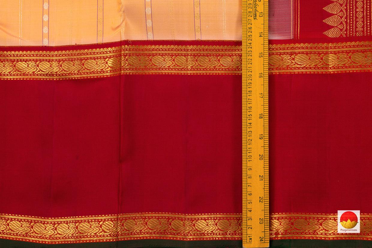 Peach Kanchipuram Silk Saree With Red Korvai Rettai Pettu Border And Zari Stripes Handwoven Pure Silk Pure Zari For Wedding Wear PV J 998 - Silk Sari - Panjavarnam