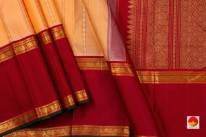 Peach Kanchipuram Silk Saree With Red Korvai Rettai Pettu Border And Zari Stripes Handwoven Pure Silk Pure Zari For Wedding Wear PV J 998 - Silk Sari - Panjavarnam PV J 998