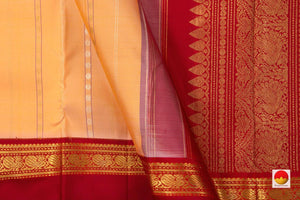 Peach Kanchipuram Silk Saree With Red Korvai Rettai Pettu Border And Zari Stripes Handwoven Pure Silk Pure Zari For Wedding Wear PV J 998 - Silk Sari - Panjavarnam PV J 998