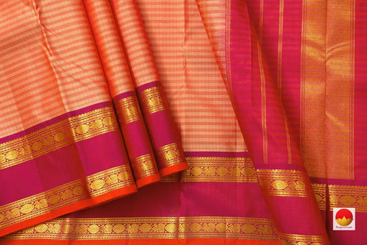 Peach Kanchipuram Silk Saree With Red Rettai Pettu Border Handwoven Pure Silk Pure Zari Light Weight For Festive Wear - PV J 7263 - Silk Sari - Panjavarnam
