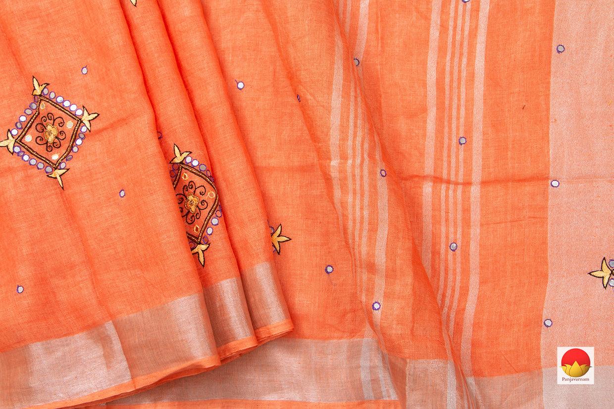Peach Linen Saree With Embroidery And Silver Zari Border PL 2033 - Linen Sari - Panjavarnam