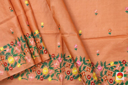 Peach Pure Tussar Silk Saree With Embroidery Border Handwoven For Casual Wear PT 754 - Tussar Silk - Panjavarnam PT 754