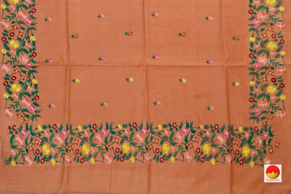 Peach Pure Tussar Silk Saree With Embroidery Border Handwoven For Casual Wear PT 754 - Tussar Silk - Panjavarnam PT 754