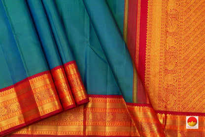 Peacock Blue And Red Kanchipuram Silk Saree Handwoven Pure Silk Pure Zari For Festive Wear PV J 3156 - Silk Sari - Panjavarnam PV J 3156