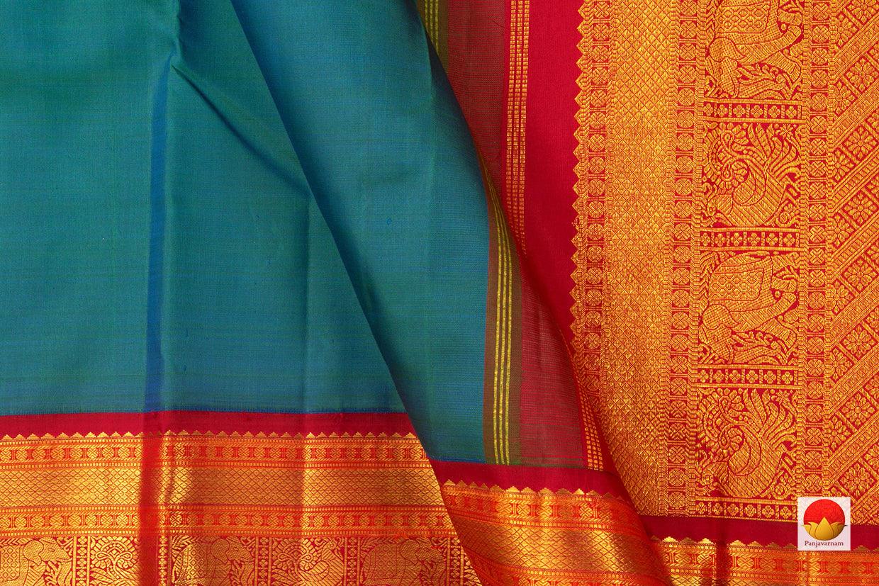 Peacock Blue And Red Kanchipuram Silk Saree Handwoven Pure Silk Pure Zari For Festive Wear PV J 3156 - Silk Sari - Panjavarnam PV J 3156