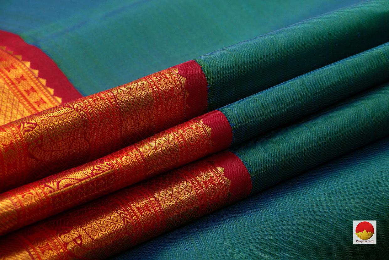 Peacock Blue And Red Kanchipuram Silk Saree Handwoven Pure Silk Pure Zari For Festive Wear PV J 3156 - Silk Sari - Panjavarnam PV J 3156