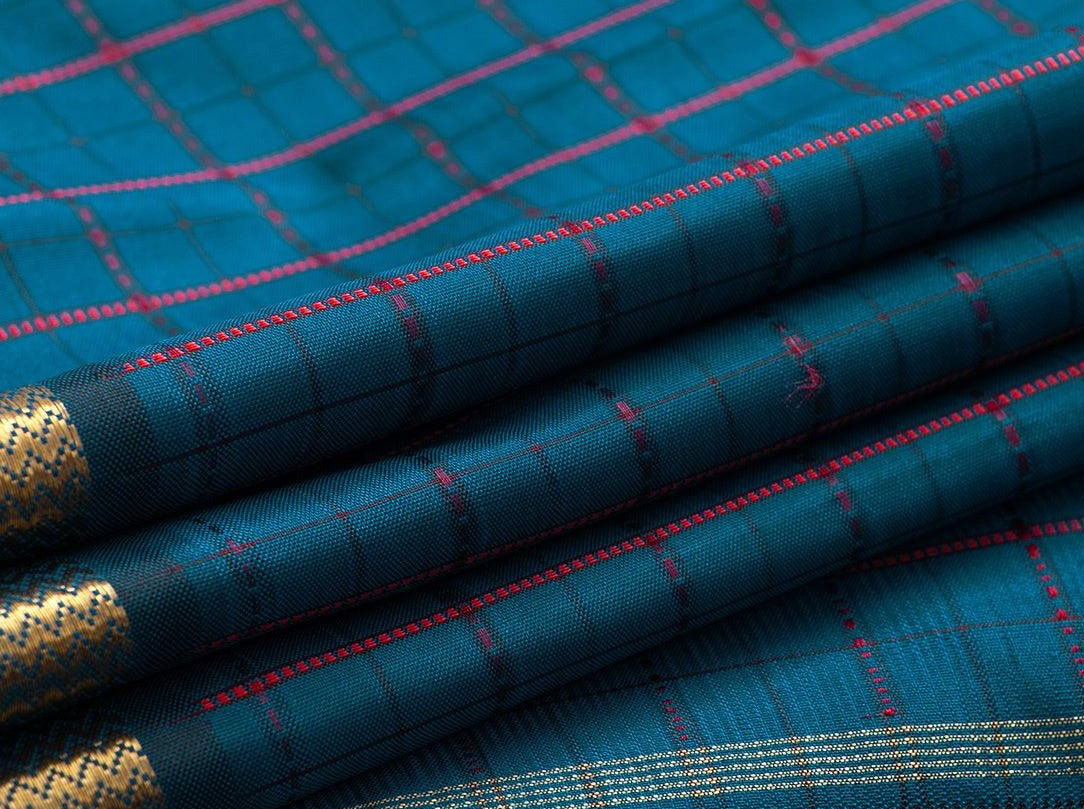 Peacock Blue Kanchipuram Silk Saree Handwoven Pure Silk Pure Zari For Casual Wear PV NYC 934 - Silk Sari - Panjavarnam