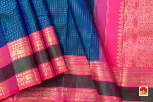 Peacock Blue Kanchipuram Silk Saree With Gold Zari Checks And Pink Korvai Border Handwoven Pure Silk Pure Zari PV NYC 910 - Silk Sari - Panjavarnam