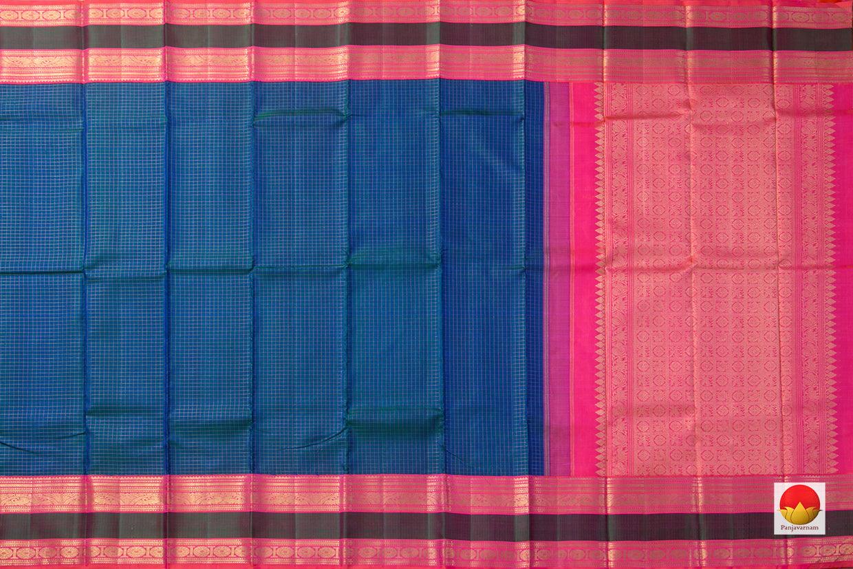 Peacock Blue Kanchipuram Silk Saree With Gold Zari Checks And Pink Korvai Border Handwoven Pure Silk Pure Zari PV NYC 910 - Silk Sari - Panjavarnam