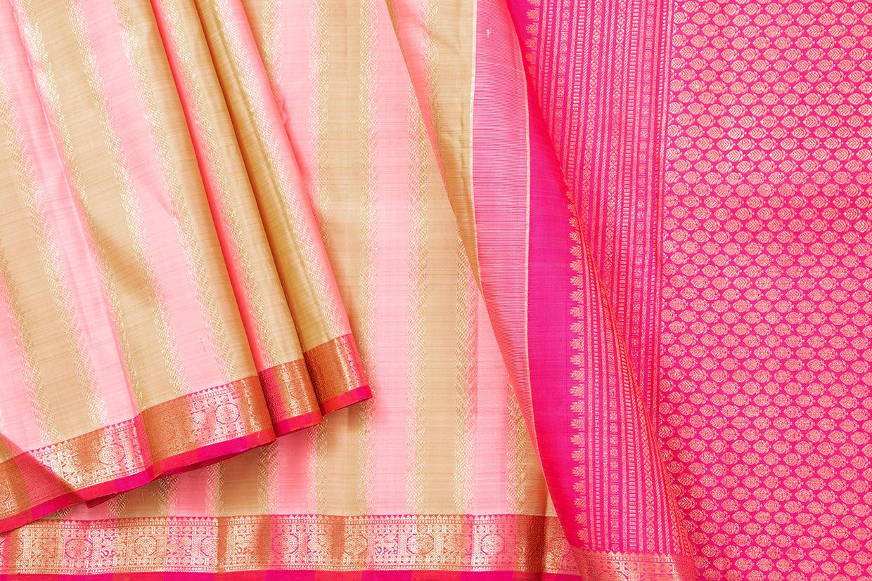 Pink And Beige Kanchipuram Silk Saree With Small Border Handwoven Pure Silk For Festive Wear PV NYC 1010 - Silk Sari - Panjavarnam PV NYC 1010