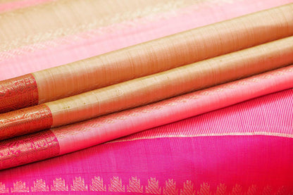 Pink And Beige Kanchipuram Silk Saree With Small Border Handwoven Pure Silk For Festive Wear PV NYC 1010 - Silk Sari - Panjavarnam PV NYC 1010