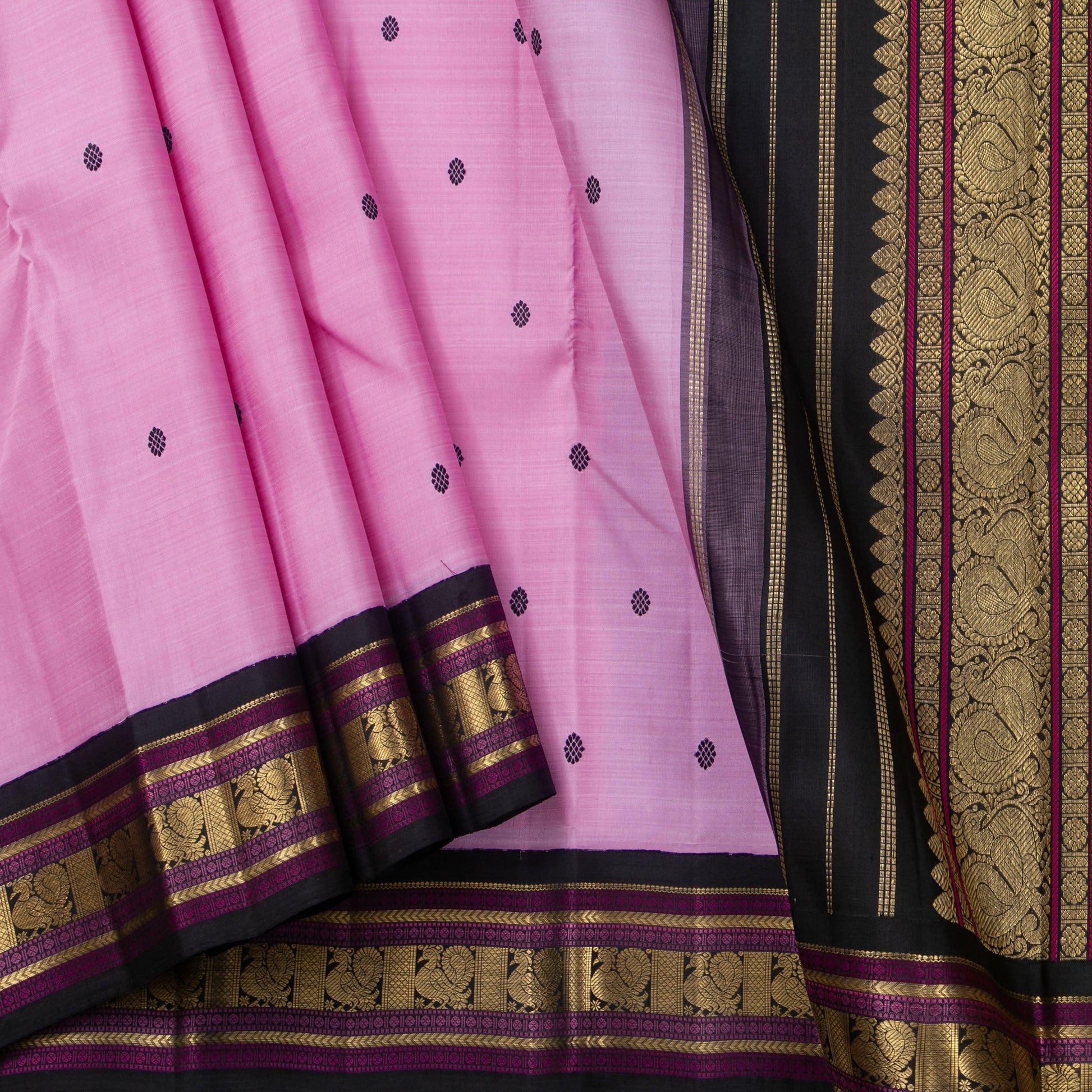 Pink And Black Kanchipuram Silk Saree With Medium Border Handwoven Pure Silk For Wedding Wear PV NYC 1161 - Silk Sari - Panjavarnam PV NYC 1161