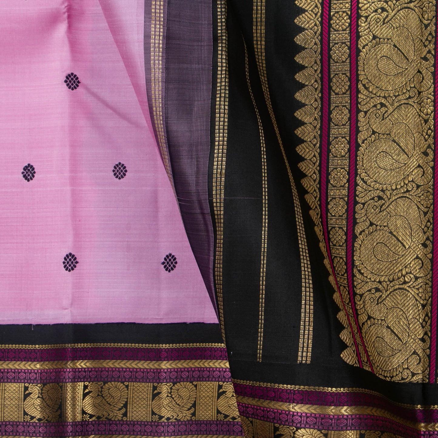 Pink And Black Kanchipuram Silk Saree With Medium Border Handwoven Pure Silk For Wedding Wear PV NYC 1161 - Silk Sari - Panjavarnam PV NYC 1161