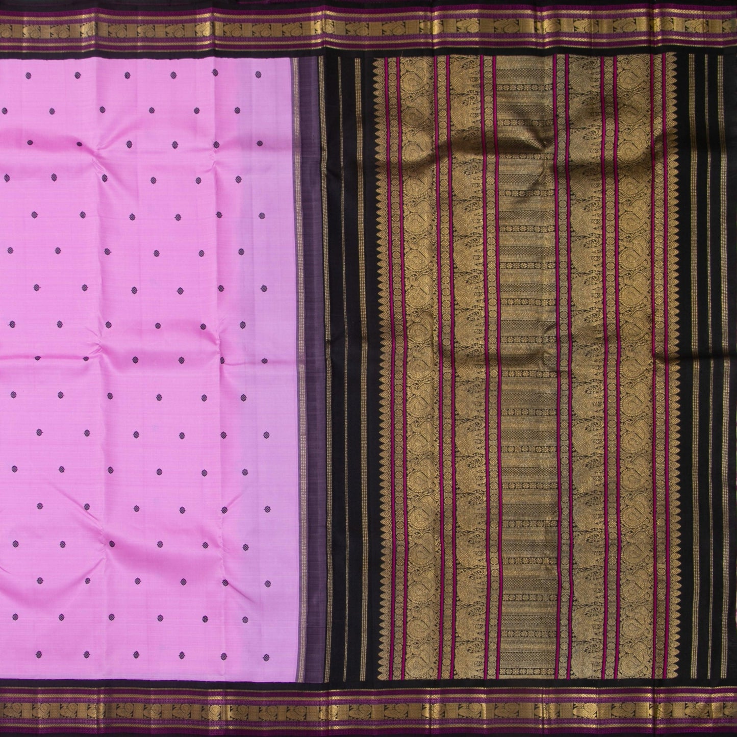 Pink And Black Kanchipuram Silk Saree With Medium Border Handwoven Pure Silk For Wedding Wear PV NYC 1161 - Silk Sari - Panjavarnam PV NYC 1161