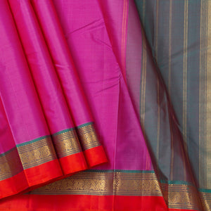 Pink And Blue Kanchipuram Silk Saree With Small Border Handwoven Pure Silk For Festive Wear PV J 2464 - Silk Sari - Panjavarnam PV J 2464