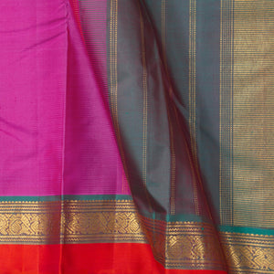 Pink And Blue Kanchipuram Silk Saree With Small Border Handwoven Pure Silk For Festive Wear PV J 2464 - Silk Sari - Panjavarnam PV J 2464