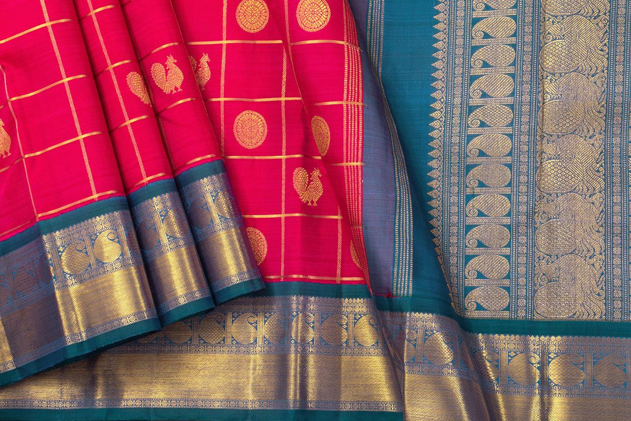 Pink And Blue Kanchipuram Silk Saree With Zari Checks Medium Border Handwoven Pure Silk For Wedding Wear PV NYC 1023 - Silk Sari - Panjavarnam PV NYC 1023