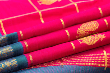 Pink And Blue Kanchipuram Silk Saree With Zari Checks Medium Border Handwoven Pure Silk For Wedding Wear PV NYC 1023 - Silk Sari - Panjavarnam PV NYC 1023