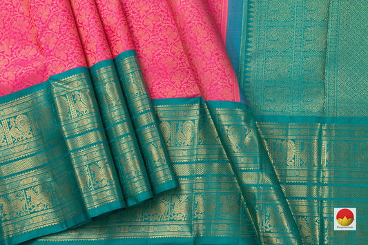 Pink And Blue Traditional Kanchipuram Silk Saree With Korvai Contrast Border Handwoven Pure Silk Pure Zari For Wedding Wear PV NYC 756 - Silk Sari - Panjavarnam