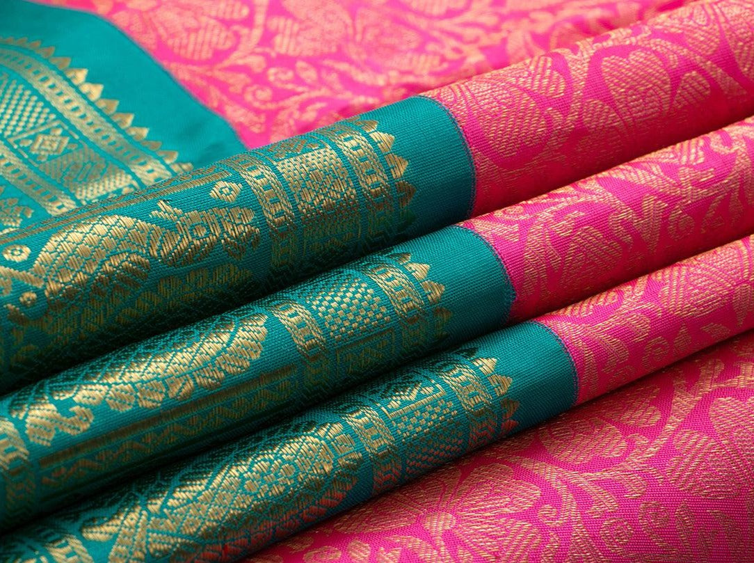 Pink And Blue Traditional Kanchipuram Silk Saree With Korvai Contrast Border Handwoven Pure Silk Pure Zari For Wedding Wear PV NYC 756 - Silk Sari - Panjavarnam PV NYC 756