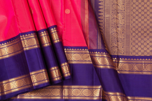 Pink And Blue Vairaoosi Kanchipuram Silk Saree With Medium Rettai Pettu Border Handwoven Pure Silk For Wedding Wear PV J 567