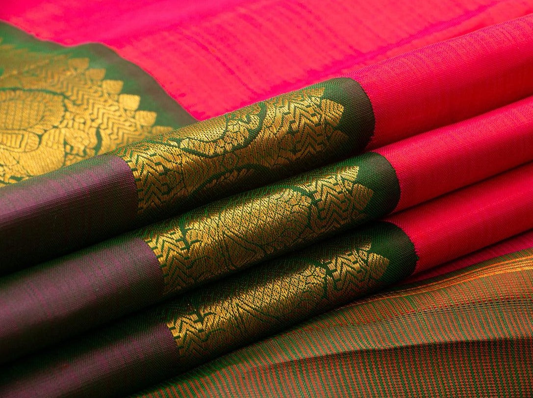 Pink And Green Kanchipuram Silk Saree Handwoven Pure Silk Pure Zari For Festive Wear PV J 3154 - Silk Sari - Panjavarnam