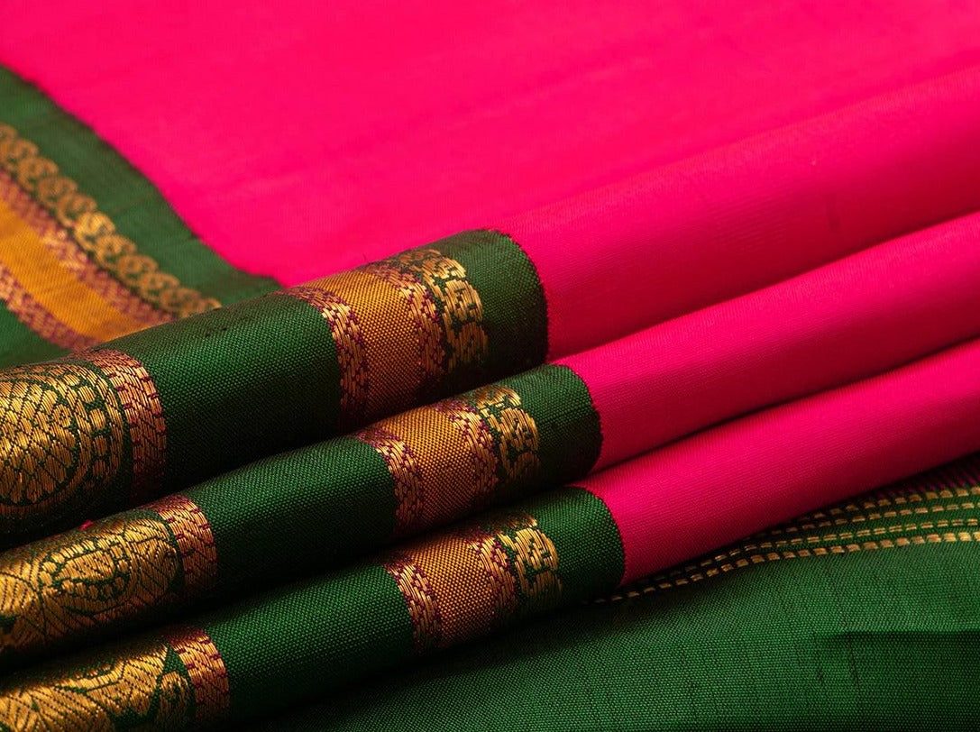 Pink And Green Kanchipuram Silk Saree With Korvai Contrast Border Handwoven Pure Silk Pure Zari For Festive Wear PV J 3161 - Silk Sari - Panjavarnam